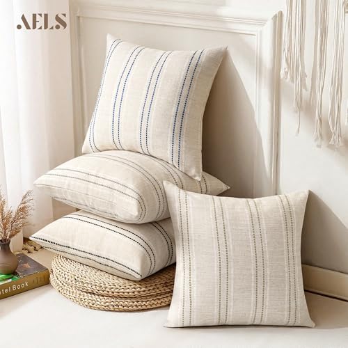 Set of 2 18x18 Decorative Linen Blend Throw Pillow Covers - Beige Striped