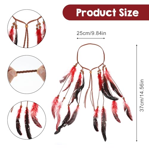 Vibrant Red Boho Indian Feather Headdress - Adjustable Festival Headband