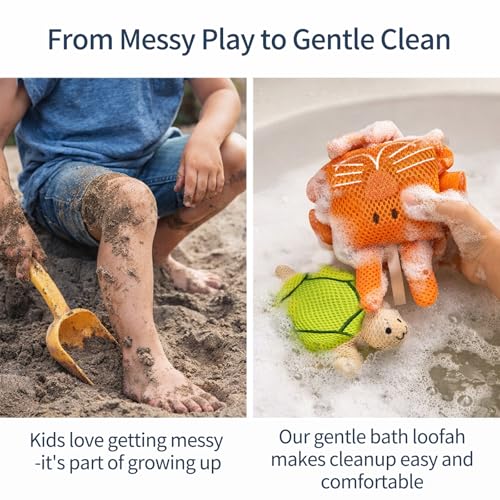 Dewlavelle Kids Bath Sponge - Soft Mesh Shower Pouf with Cute Turtle & Bunny - Gentle Kid-Friendly Bath Accessories