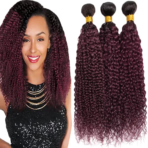 YOUNGHANN 1B/99J Kinky Curly Human Hair Bundles - 10, 12, 14 Inch Two Tone Black to Burgundy