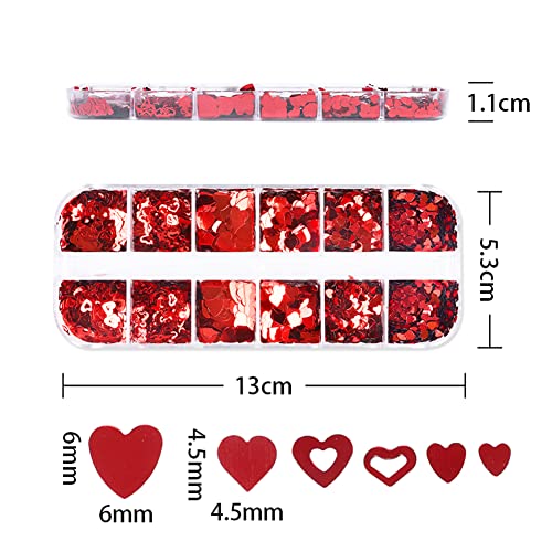 Colorful Valentine's Holographic Nail Art Glitters with Red Heart Charms - 12 Grids