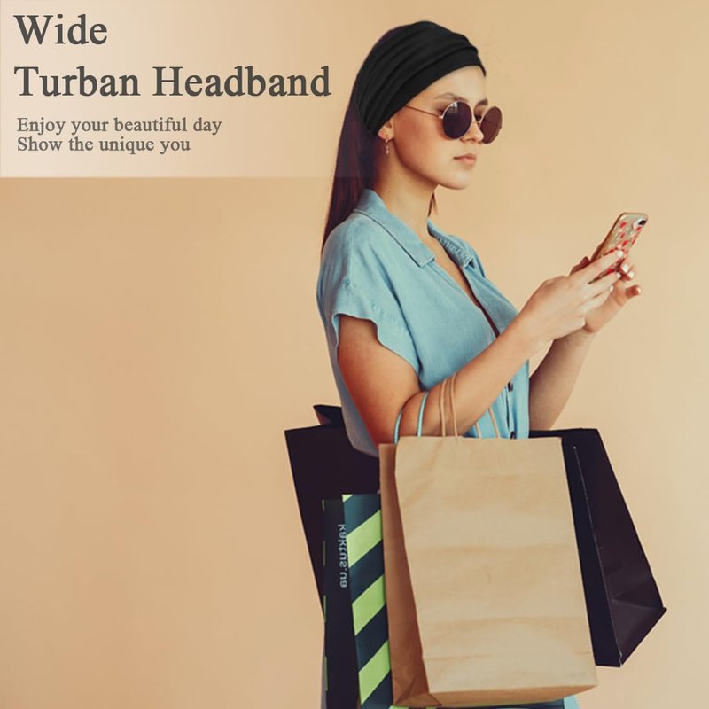 Wide Headbands for Women - Stretch Boho Hair Accessories | Black 6-Pack Turban Workout Bands