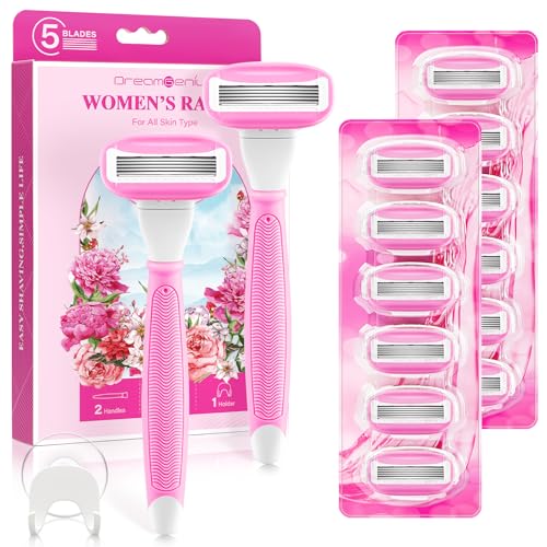 DreamGenius Pink Women's Razors - 5 Blades, 14 Cartridges & Shower Holder