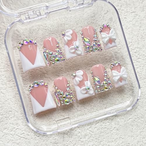 Medium Duck Press on Nails - French White Nude Handmade Rhinestone Nails