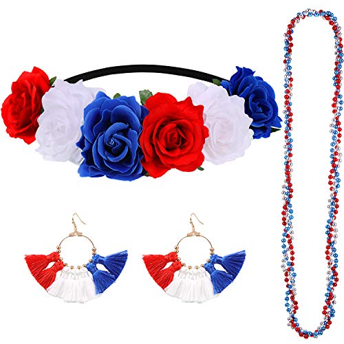 4th of July Accessories Set for Women - Patriotic Headband Necklace Earrings Bundle