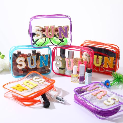 Kacctyen 8-Pack Clear Sun Makeup Bags with Chenille Letter Patches, Multi-Color