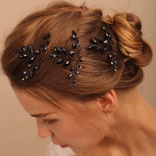 Black Rhinestone Hair Pins for Women - Wedding Crystal Accessories (3pcs)