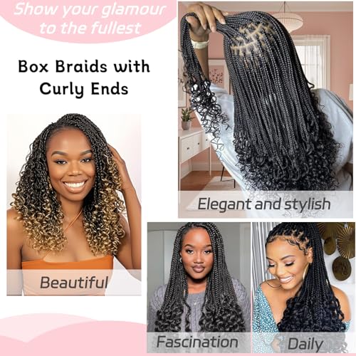 18 Inch Curly Ends Box Braids with Pre-Looped Crochet Hair - 8 Packs, 120 Strands, Goddess Style