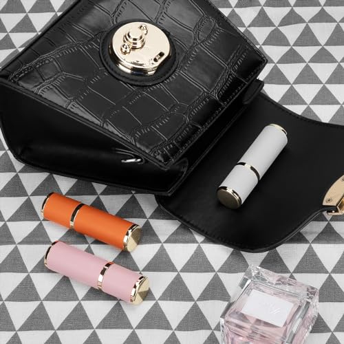 LUEXBOX 3 Pack Mini Refillable Perfume Bottles - Travel Atomizers in White, Pink & Orange