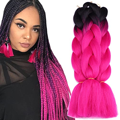 Jumbo Braids Hair Extension (3pcs) - Pure Black & Hot Pink, 24in