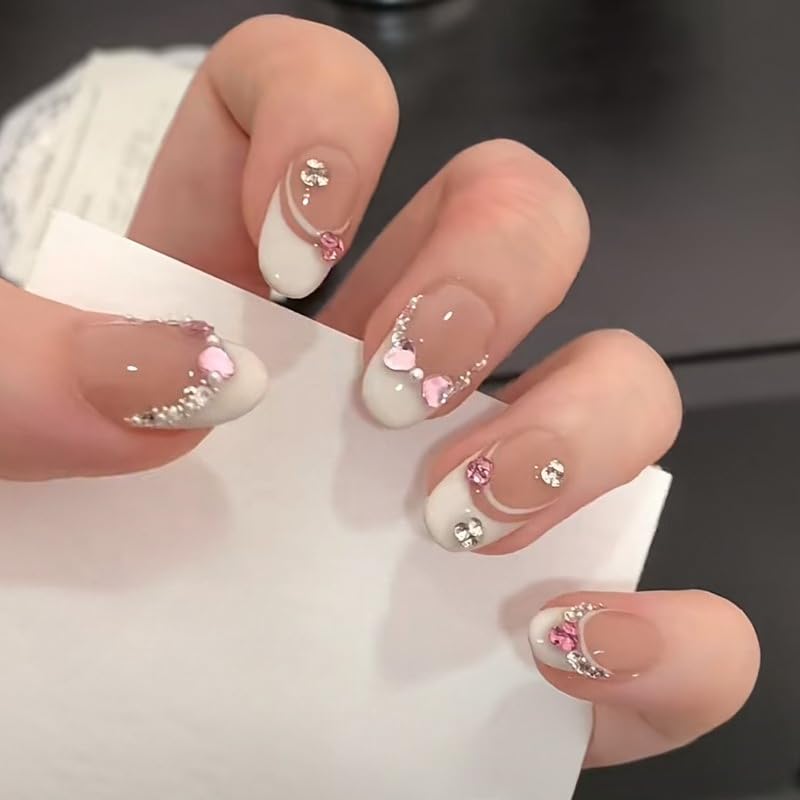 TENPAL Handmade Press On Nails Kit - Milky Pink Hearts & Bow (M)