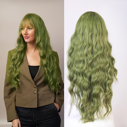 Green Curly Synthetic Wig with Bangs for Women, 31 Inch Cosplay & Party Wear