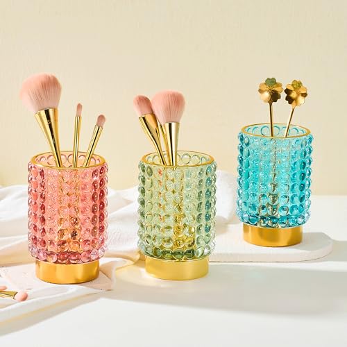 LEICURACE Vintage Glass Makeup Brush Holder, Green Large Desk Organizer
