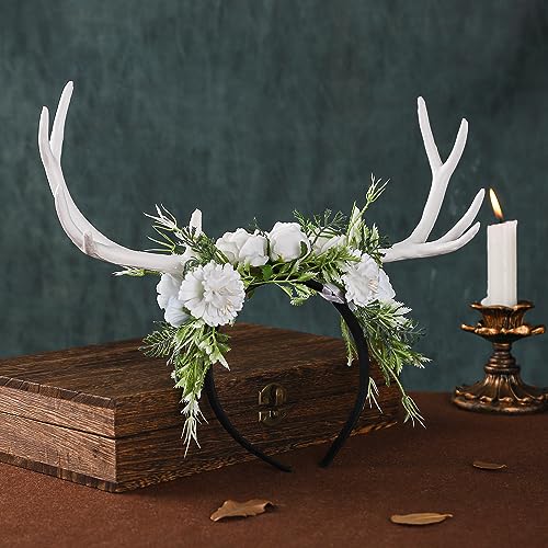 MOSTORY Handmade White Chrysanthemum Flower Antler Headpiece