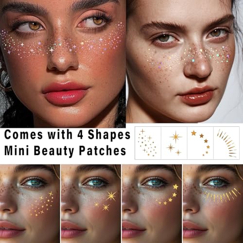 Hymik Holographic & Gold 14pcs Freckle & Glitter Tattoo Set – Waterproof Festival Makeup