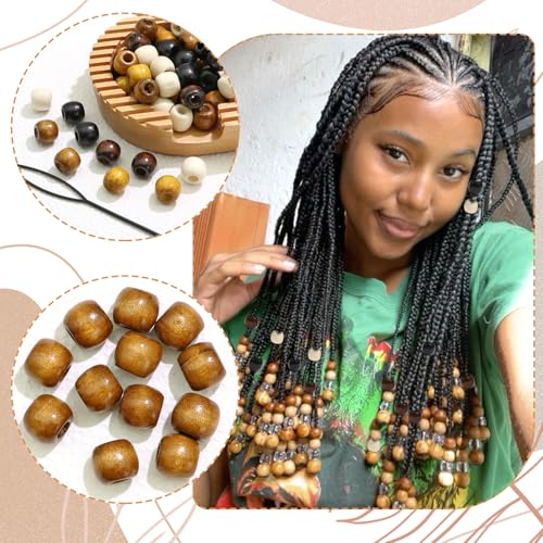 60Pcs Wooden Hair Beads Set for Braids & Dreadlocks - Natural Color