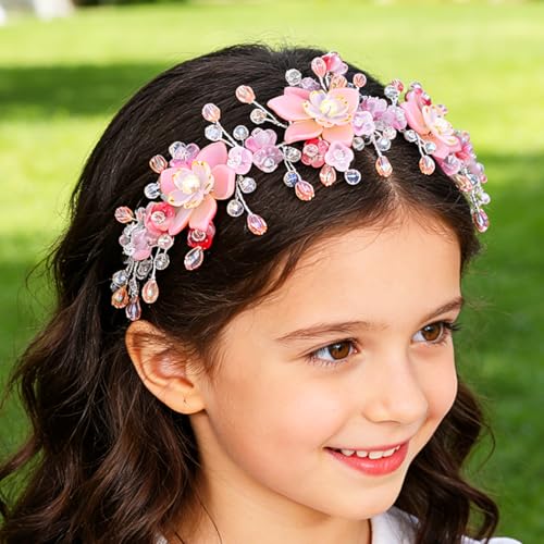 Urieo Pink Flower Crown Headband for Girls - Wedding Hair Accessory