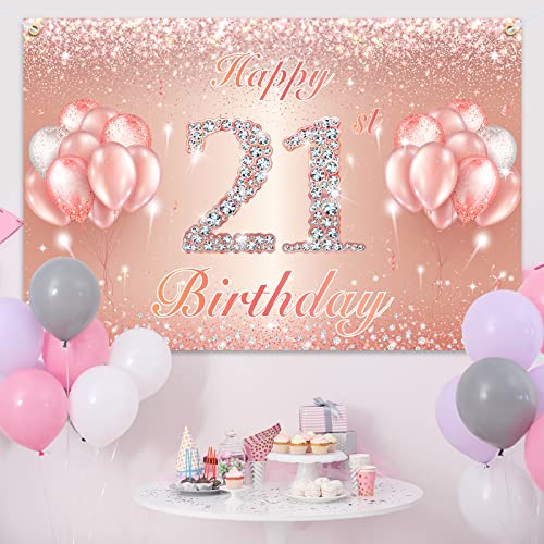Happy 21st Birthday Banner Backdrop - Rose Gold 4x6ft Party Decor
