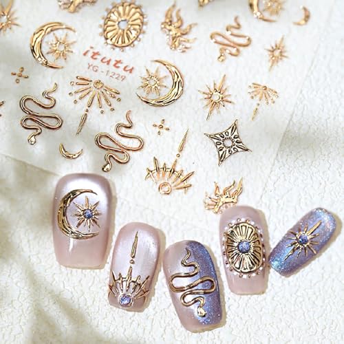 Gold 5D Nail Art Stickers - Star & Moon Design Self-Adhesive Decals