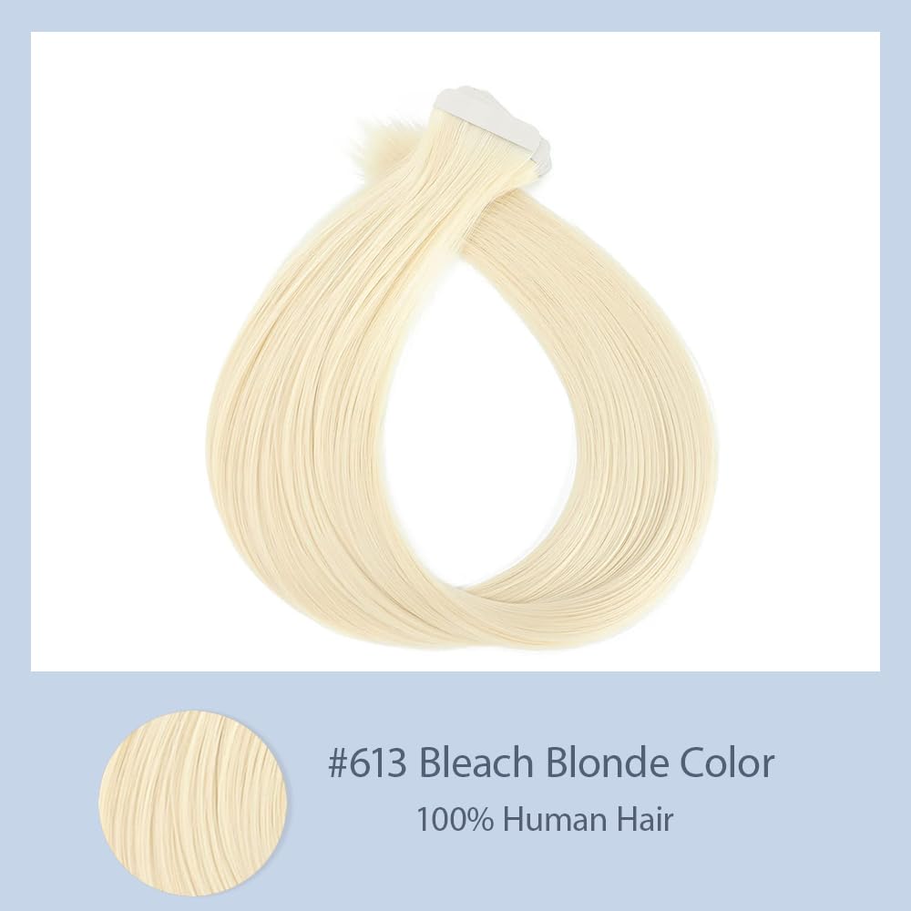 HuxoWax 28 Inch Straight Tape In Human Hair Extensions #613 Blonde Double Weft Weave 10 Packs Total 40g #613 Blonde Color Invisible Human Hair Tape In Extensions