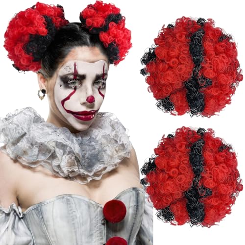 Black Red Afro Puffs Drawstring Ponytail Extensions - 2 Pack Clown Wig