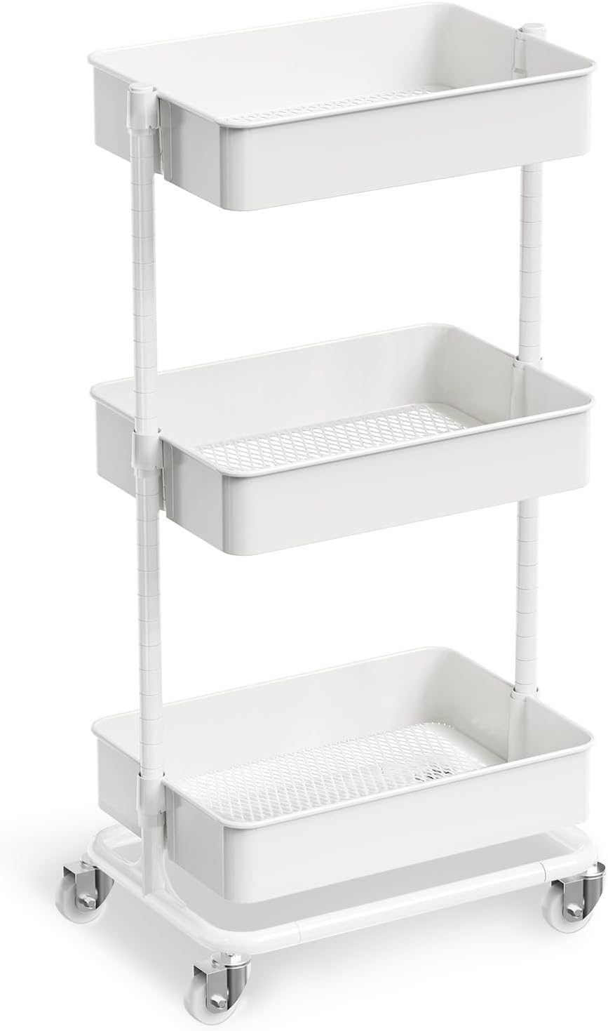 Utility Rolling Cart - Heavy Duty Metal Storage Organizer with Wheels | Portable 3-Tier Shelving Unit for Office, Bathroom, Kitchen (White)