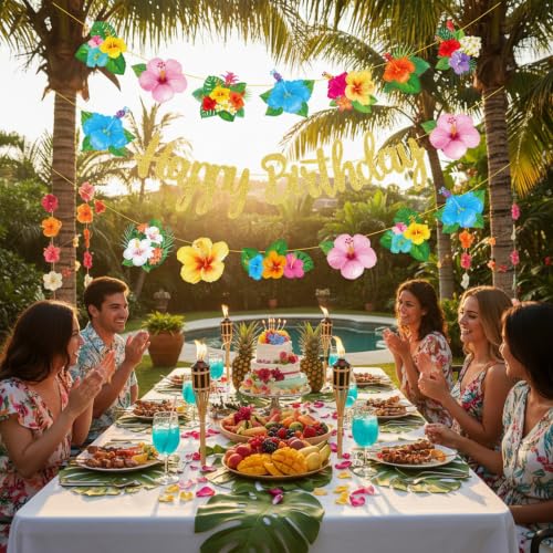 3-Piece Tropical Hibiscus Birthday Banner Set with Glitter