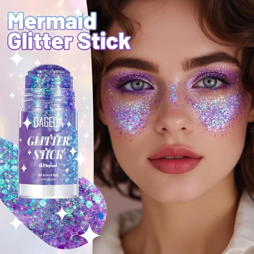 DAGEDA Mermaid Body Glitter Stick,Sparkly Hair Face Glitter Makeup for Women Rave Outfit Accessories,Holographic Mermaid Glitters Face Paint Stick for Women Halloween Makeup 1.12 oz