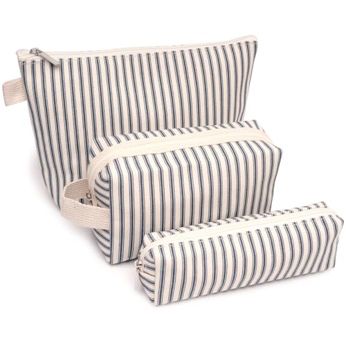 Beayuva 3-Piece Canvas Makeup & Toiletry Bag Set - Blue Pinstripes, Travel Organizer