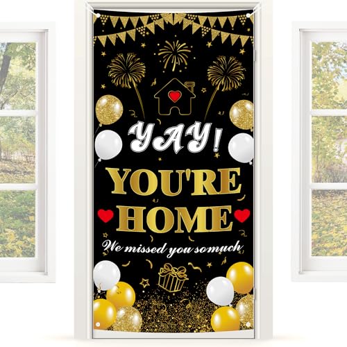 Welcome Home Banner - Black and Gold Party Decoration 70.8x35.4in