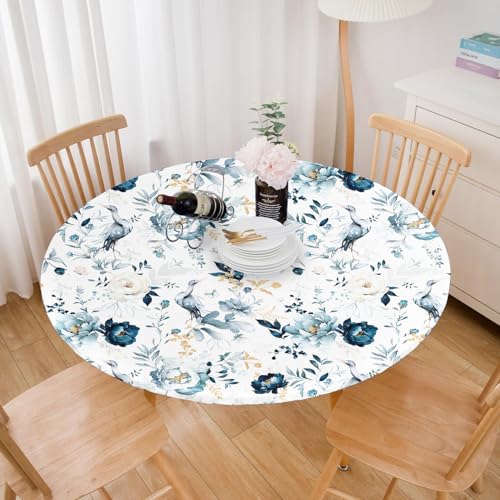 Round Elastic Tablecloth for 36-44" Tables - Blue Flower & Bird Design