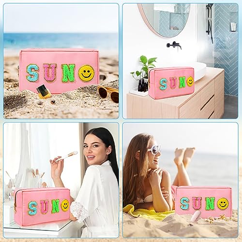 SOIDRAM Small Sun Pink Makeup Bag with Chenille Letter Patches - Travel Cosmetic Organizer for Women