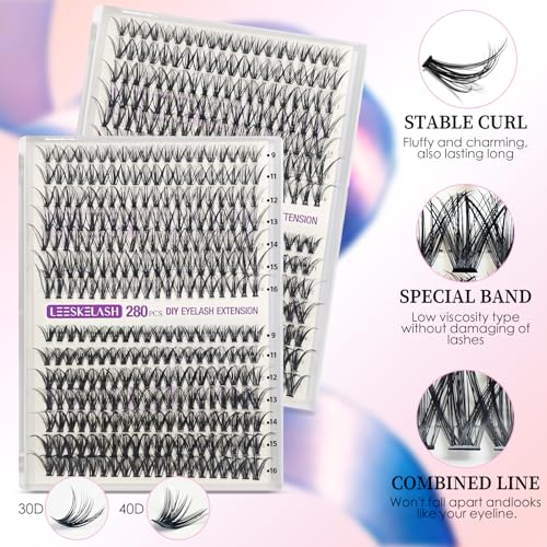 Lash Extension Kit 280Pcs DIY 9-16mm 30D+40D with Bond, Seal, Remover & Tweezers - LEESKELASH