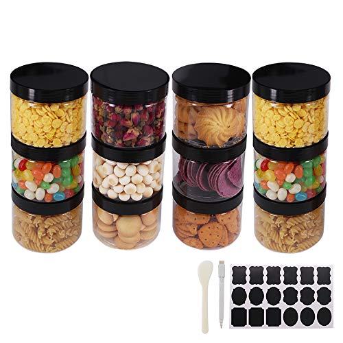 zmybcpack 12 Pack 8 oz Clear Plastic Storage Jars with Black Lids, Food Safe, Airtight, Includes Labels & Spatula