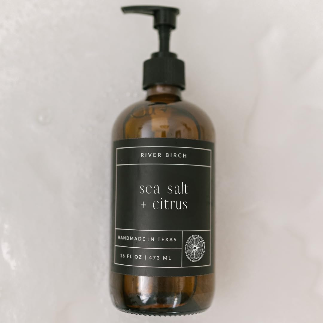 Natural Hand Soap - River Birch Sea Salt & Citrus Scent - Moisturizing Vegan Formula | 16 Fl Oz Amber Glass Dispenser