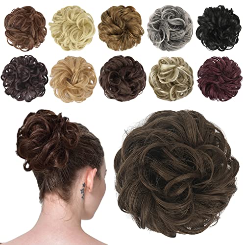 FESHFEN Messy Bun Hair Piece - Wavy Synthetic Chignon Scrunchies for Instant Volume, Elastic Ponytail Bun Hair Extensions Thick Hairpieces for Women, Medium Brown 1.50 oz