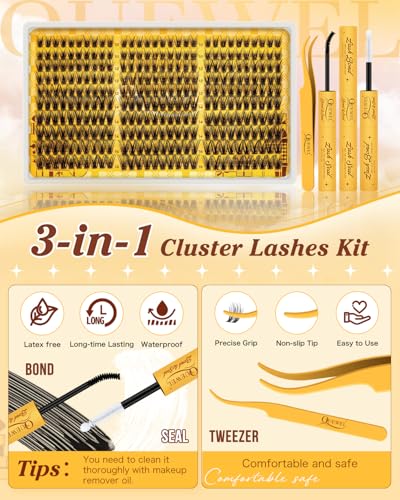 QUEWEL DIY Lash Cluster Kit with 300PCS Wispy Lashes, Bond and Seal