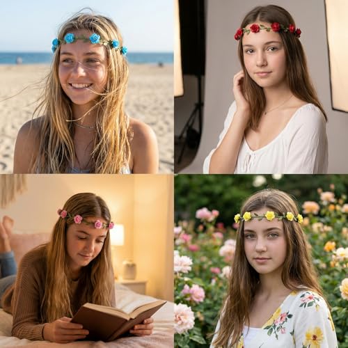 Multicolor Paper Flower Crown Headbands for Women, 9-Petal Handmade Floral Wreath, Wedding & Festival Accessory