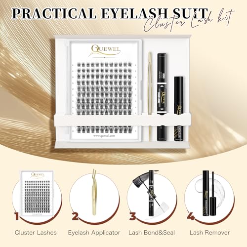 QUEWEL DIY Eyelash Extension Kit with 144 Cluster Lashes, Bond, Seal & Tool