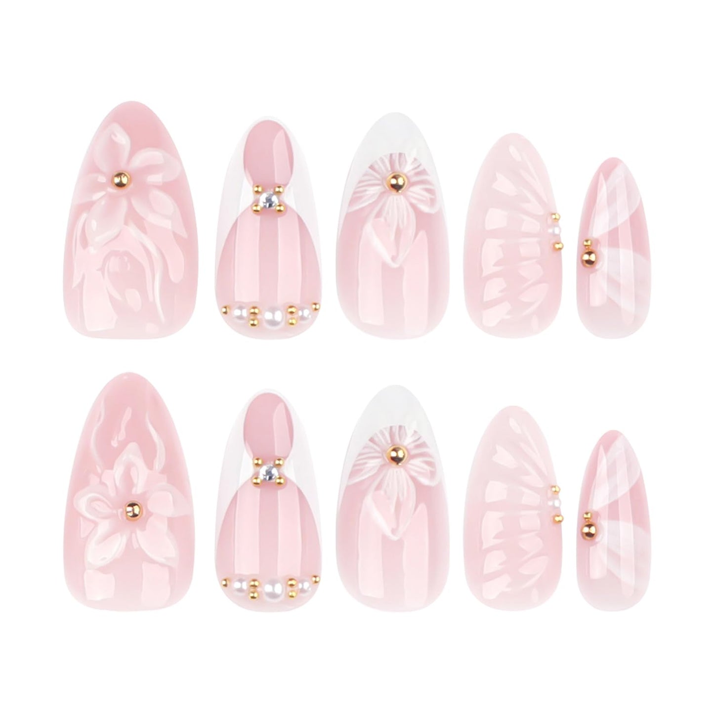 24Pcs White French Tip Press on Nails Medium Almond Fake Nails with Seashell Designs 3D Flower Acrylic Nails Gold Rhinestones Stick on Nail Summer False Nail Cute Ribbon Glue on Nails for Women
