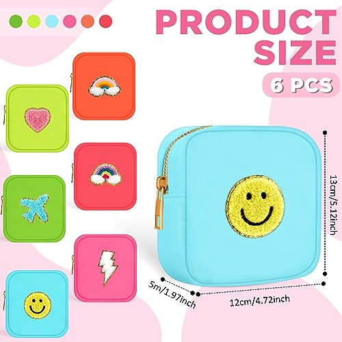Zubebe 6-Piece Fluorescent Color Mini Nylon Makeup Bags with Chenille Letter Patches, Portable Cosmetic & Travel Pouch Set for Women