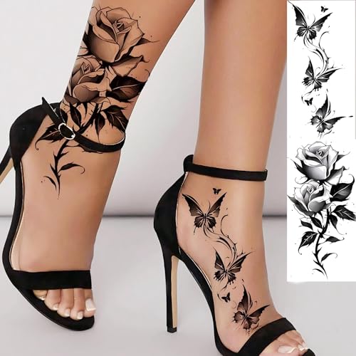 12 Sheets Beautiful Butterfly Flowers Temporary Tattoos For Women Feet Hands Body Art, Realistic Rose Peony Floral Fake Tattoo Sticker For Legs Ankle, Waterproof Lily Dreamcatcher Temp Tatoos Decals