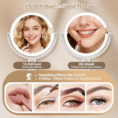 MOMOKUBA Makeup Mirror with Lights, Double Sided 1x/20x Magnifying Mirror with Light, Rechargeable 3 Color Lights and Adjustable Brightness, 360¡Æ Rotation Detachable Comes with Tweezer(White)