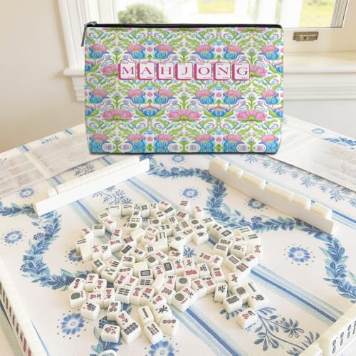 Pink Tulip Mahjong Tile Bag with Zipper Case - Multicolor, Blue Leaves