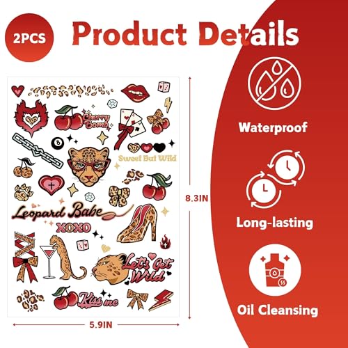 Cheetah Print Temporary Tattoos for Adults - Retro Cherry & Gold Foil