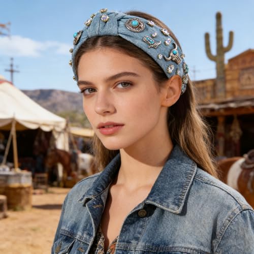Western Cowgirl Knotted Headband for Women – Rhinestone Crystal Hair Accessory