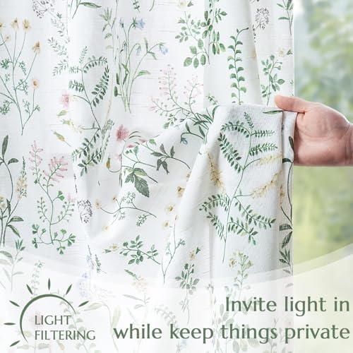 Floral Tie Top Kitchen Curtains - 36 Inch, Sage Green, 2 Panels