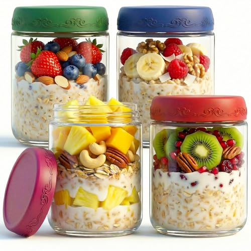 16 oz Glass Meal Prep Containers - Airtight Overnight Oats Jars (4-Pack)