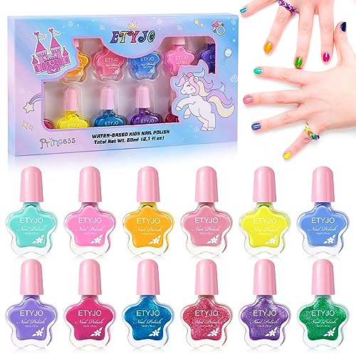 ETYJO Kids Nail Polish Set D - 12 Color Non-Toxic Water-Based Peel-Off Quick Dry for Girls 3-12