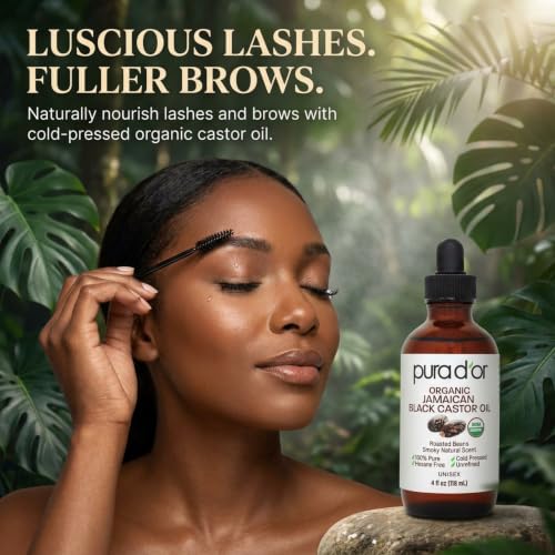 PURA D'OR Organic Jamaican Black Castor Oil 4 Oz - 100% Pure Eyelash & Eyebrow Serum